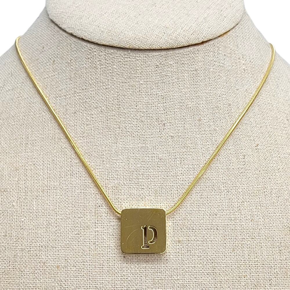 KATE Forty Eight Initial P Pendant Necklace Gold Tone Snake Chain Cutout Square